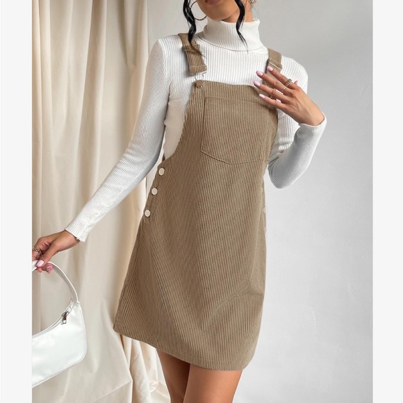 Classic Elegant Corduroy Solid Pocket Jumper Overall Dress Without Sweater - Picture 6 of 6